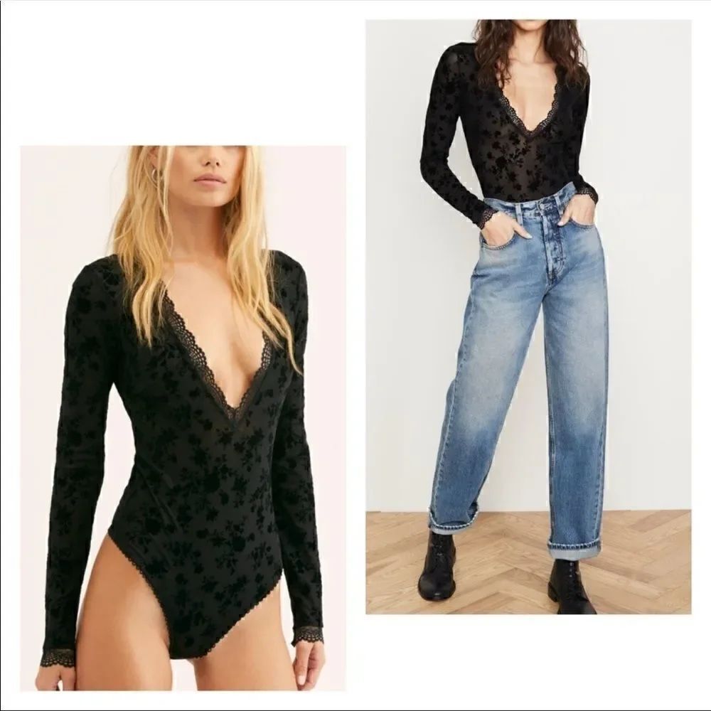 Free People Babes & Bandeaus Lace Black Bodysuit